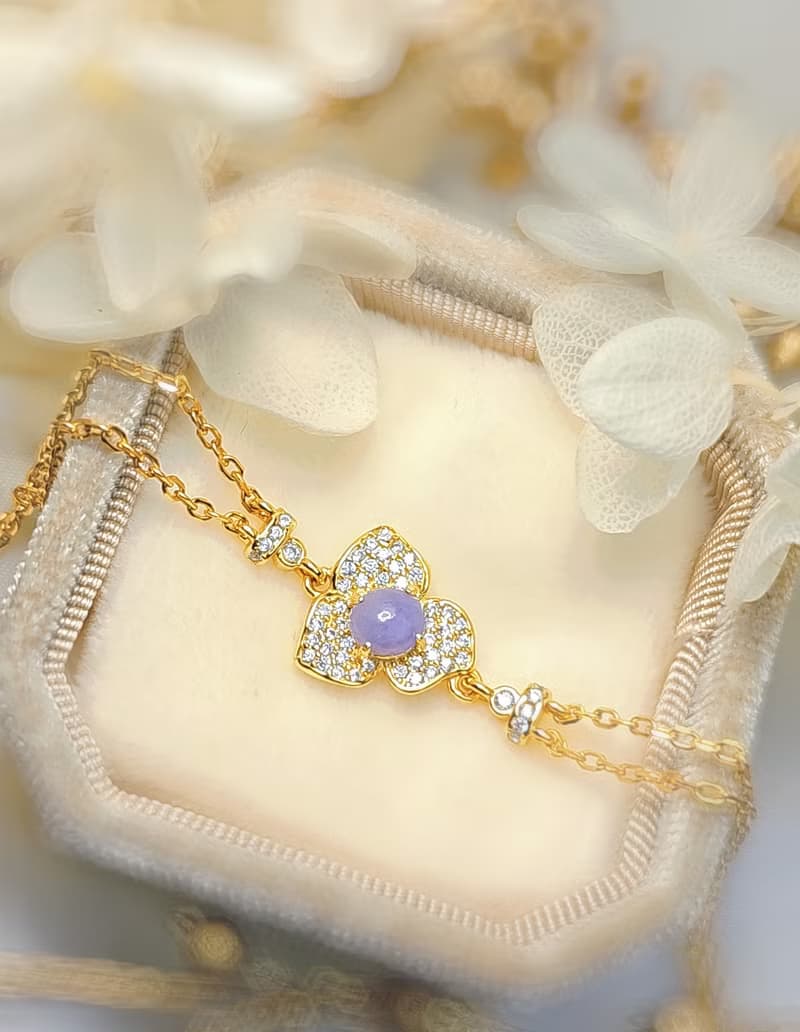 貴人•桃花•貴氣|夢幻妖紫|緬甸A貨翡翠純銀雙鏈滿鑽花朵款手鏈