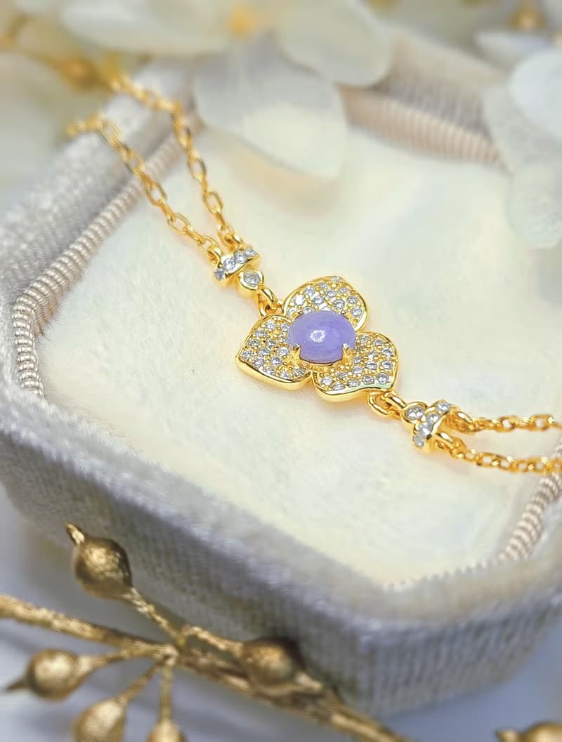 貴人•桃花•貴氣|夢幻妖紫|緬甸A貨翡翠純銀雙鏈滿鑽花朵款手鏈