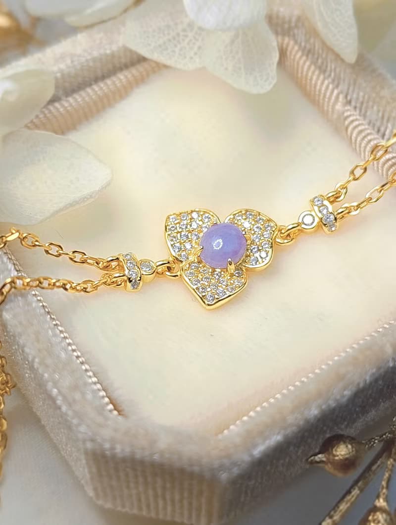 貴人•桃花•貴氣|夢幻妖紫|緬甸A貨翡翠純銀雙鏈滿鑽花朵款手鏈