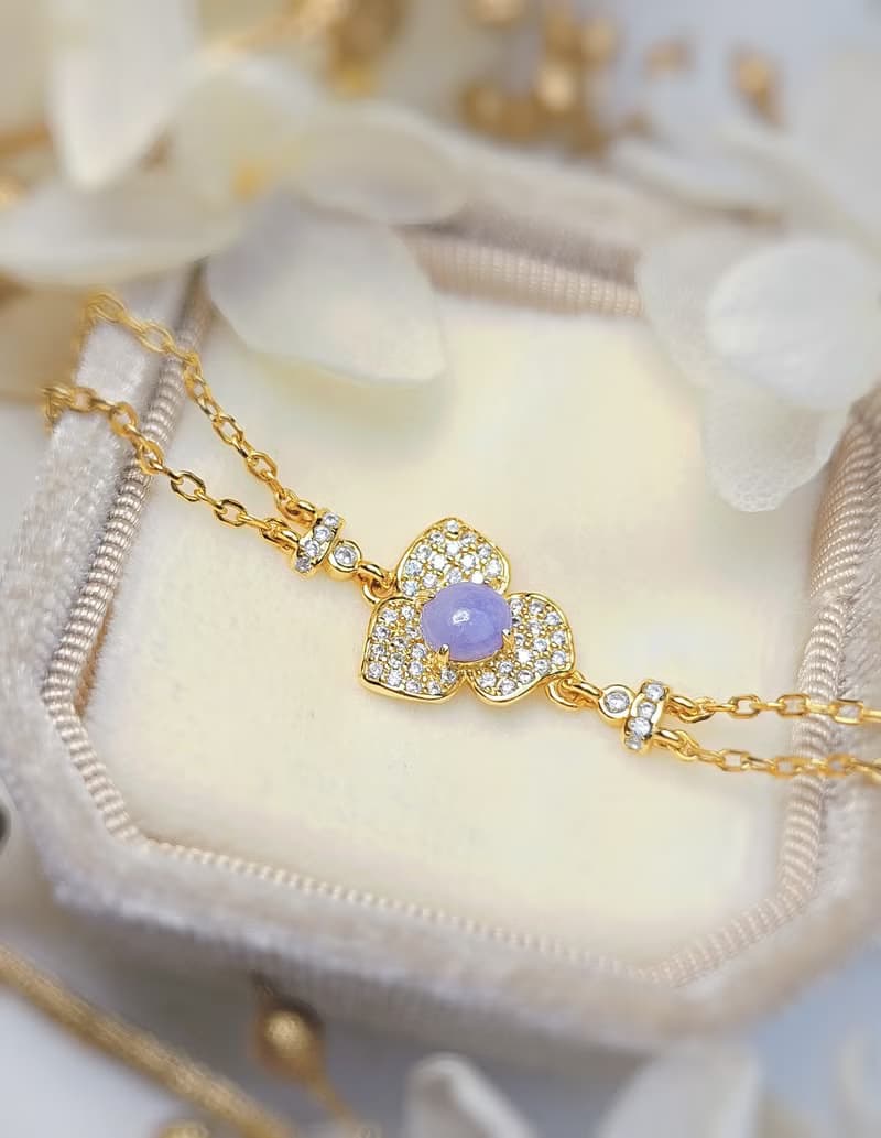 貴人•桃花•貴氣|夢幻妖紫|緬甸A貨翡翠純銀雙鏈滿鑽花朵款手鏈