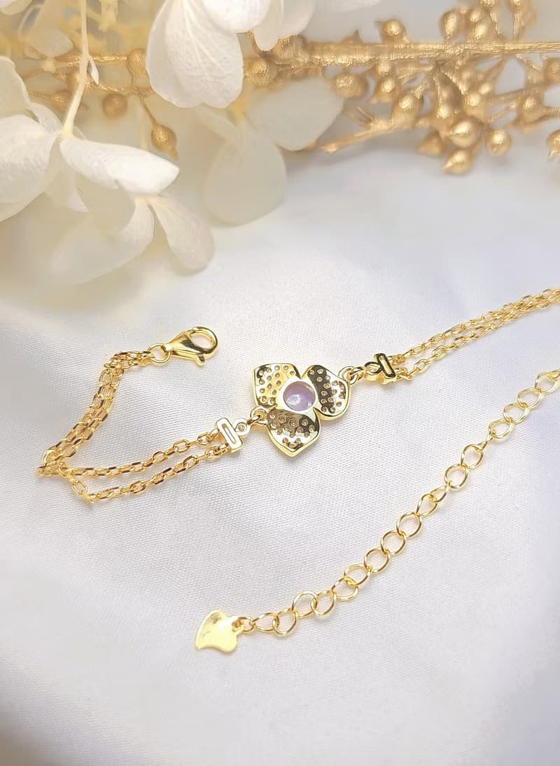 貴人•桃花•貴氣|夢幻妖紫|緬甸A貨翡翠純銀雙鏈滿鑽花朵款手鏈