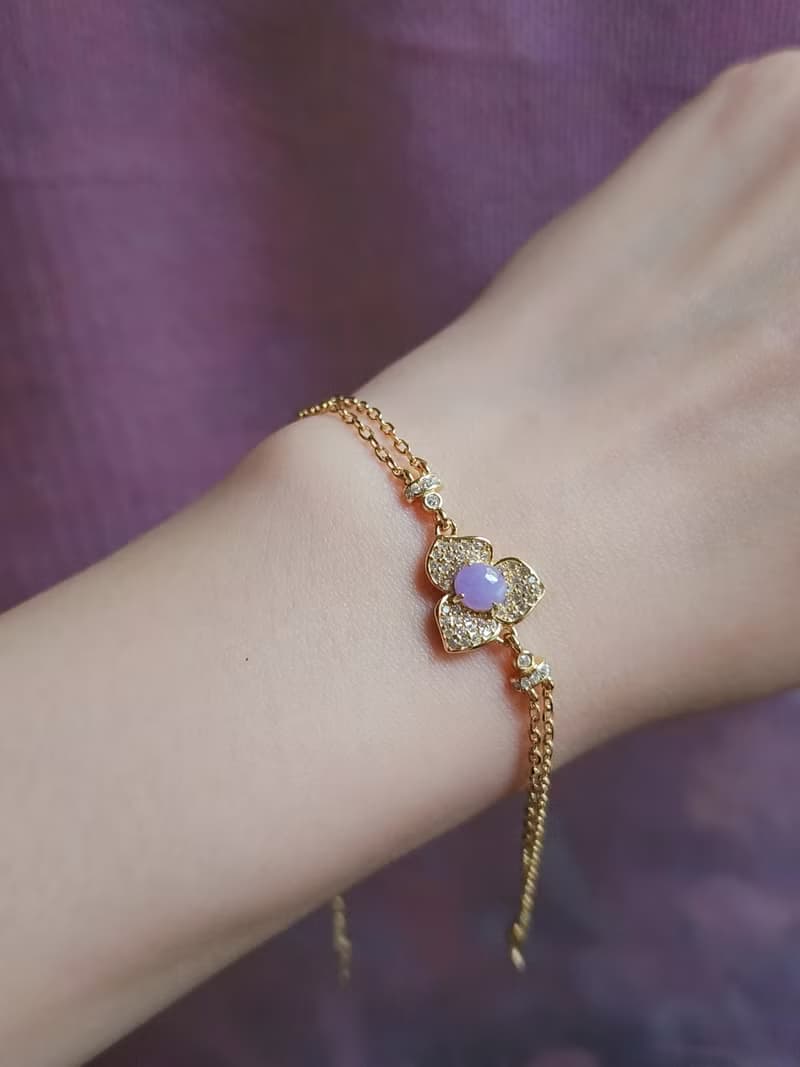 貴人•桃花•貴氣|夢幻妖紫|緬甸A貨翡翠純銀雙鏈滿鑽花朵款手鏈