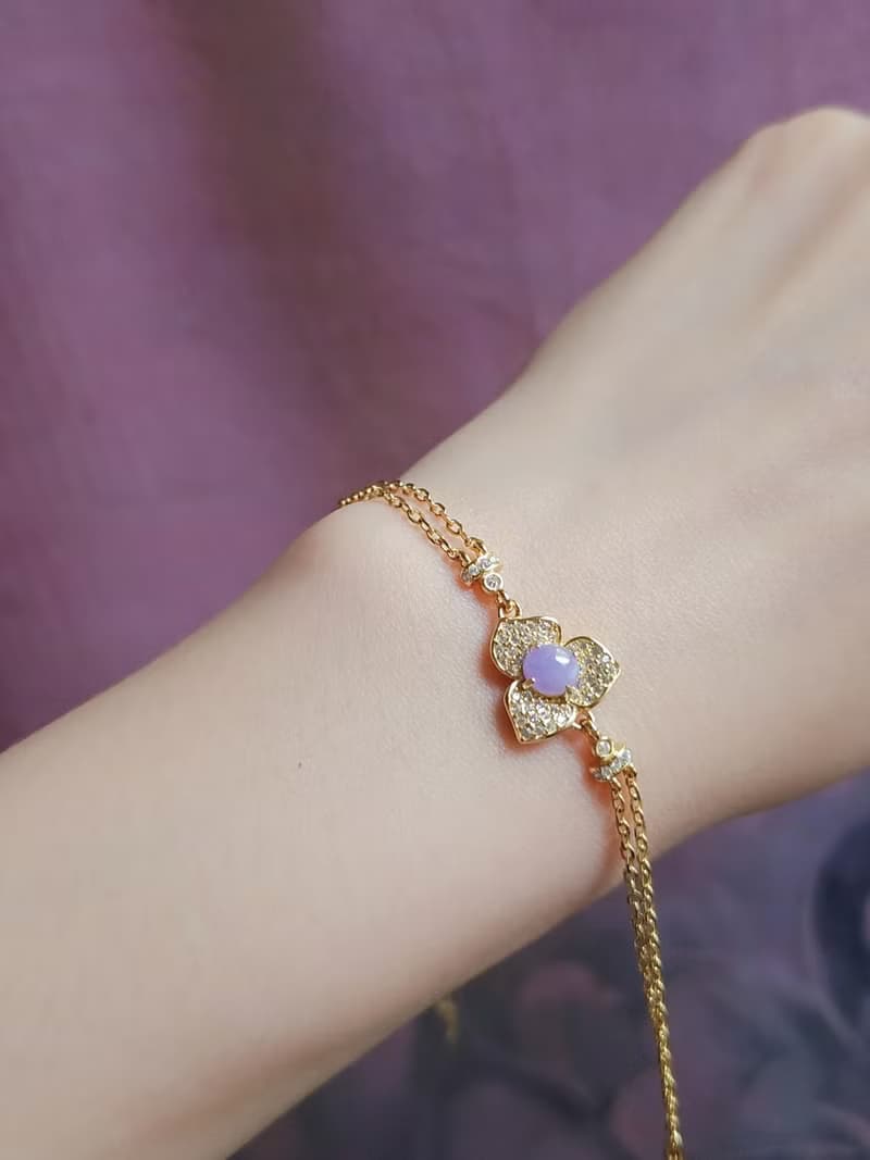 貴人•桃花•貴氣|夢幻妖紫|緬甸A貨翡翠純銀雙鏈滿鑽花朵款手鏈