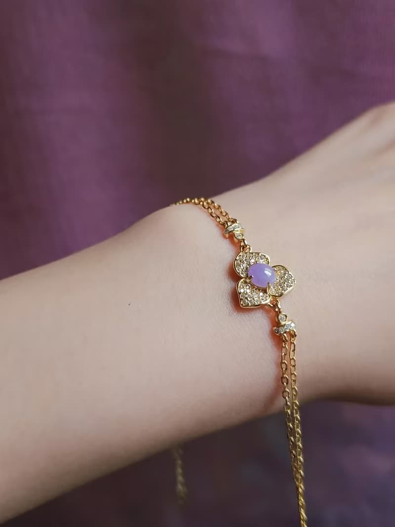 貴人•桃花•貴氣|夢幻妖紫|緬甸A貨翡翠純銀雙鏈滿鑽花朵款手鏈