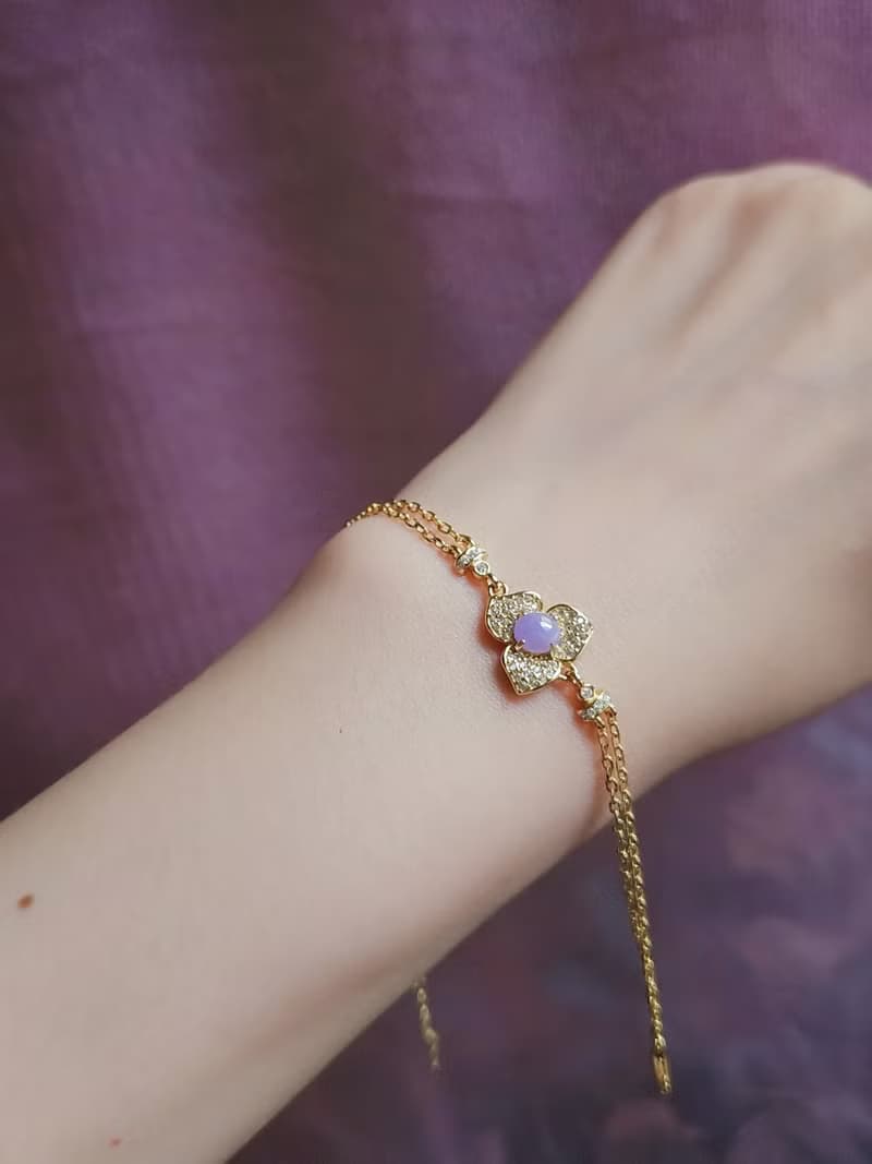 貴人•桃花•貴氣|夢幻妖紫|緬甸A貨翡翠純銀雙鏈滿鑽花朵款手鏈