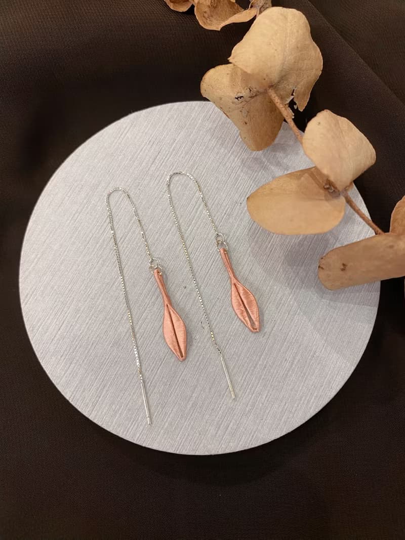 Re-Re蠶絲金工—小葉子耳環 珊瑚粉