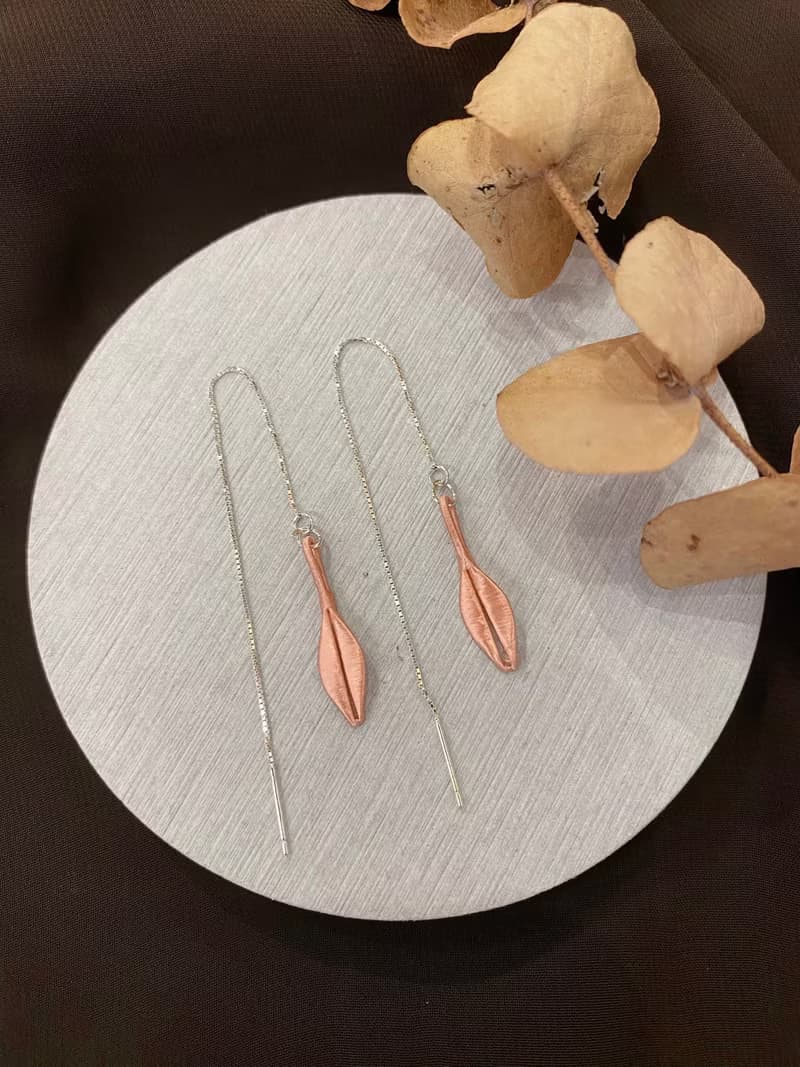 Re-Re蠶絲金工—小葉子耳環 珊瑚粉