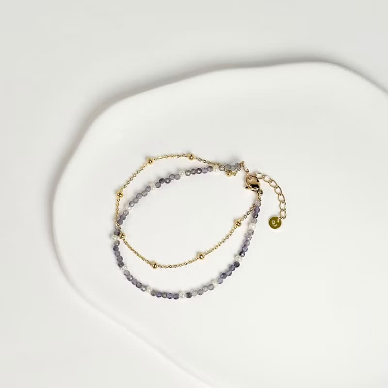 堇青石316醫療鋼手鍊/14K金色手鍊 可碰水 天然石 抗敏鋼 雙鍊