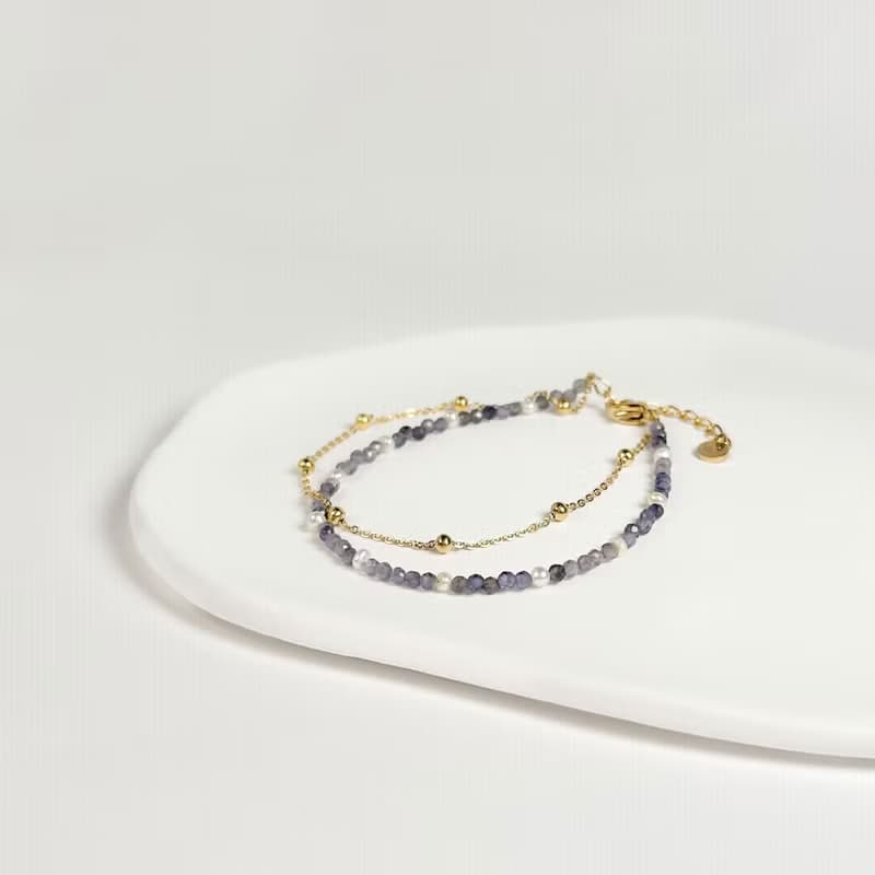 堇青石316醫療鋼手鍊/14K金色手鍊 可碰水 天然石 抗敏鋼 雙鍊