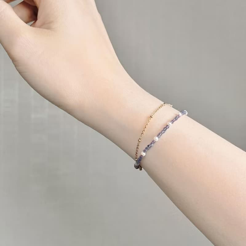 堇青石316醫療鋼手鍊/14K金色手鍊 可碰水 天然石 抗敏鋼 雙鍊