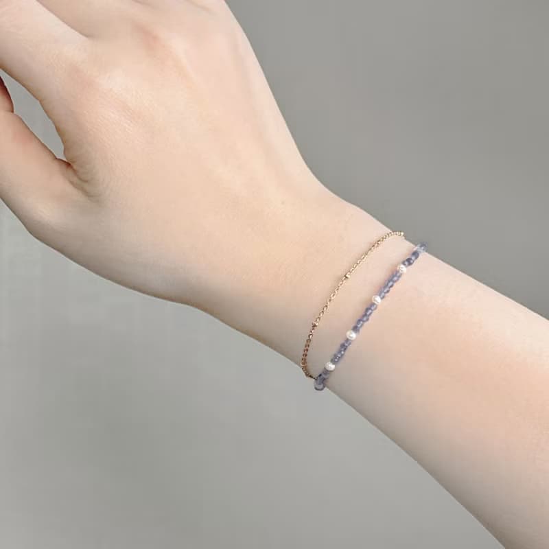 堇青石316醫療鋼手鍊/14K金色手鍊 可碰水 天然石 抗敏鋼 雙鍊