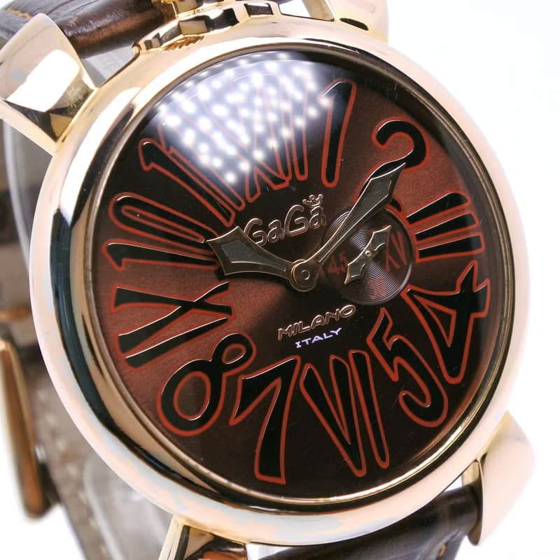【日本直送】ガガ・ミラノ Gaga Milano マヌアーレ46 腕時計 金メッキ × レザー 茶 クオーツ スモールセコンド ブラウン文字盤 メンズ【中古】
