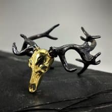 Stag Deer Skull Bangle Bracelet in Brass, Blackened Horns.
