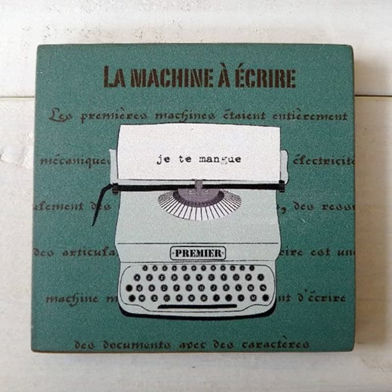 杯墊-實木-打字機-水藍