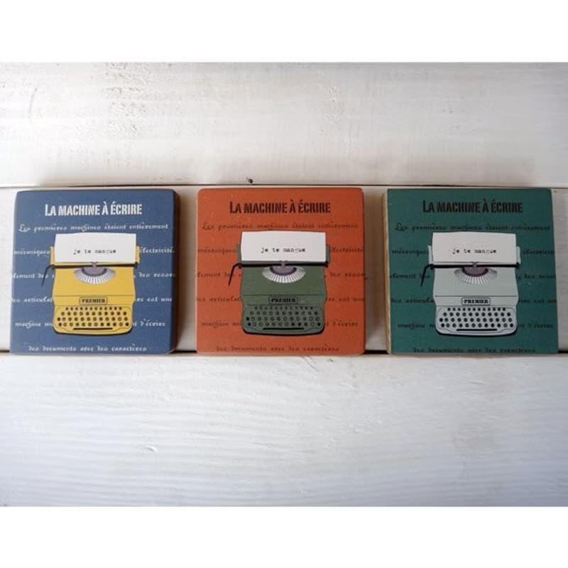 杯墊-實木-打字機-水藍