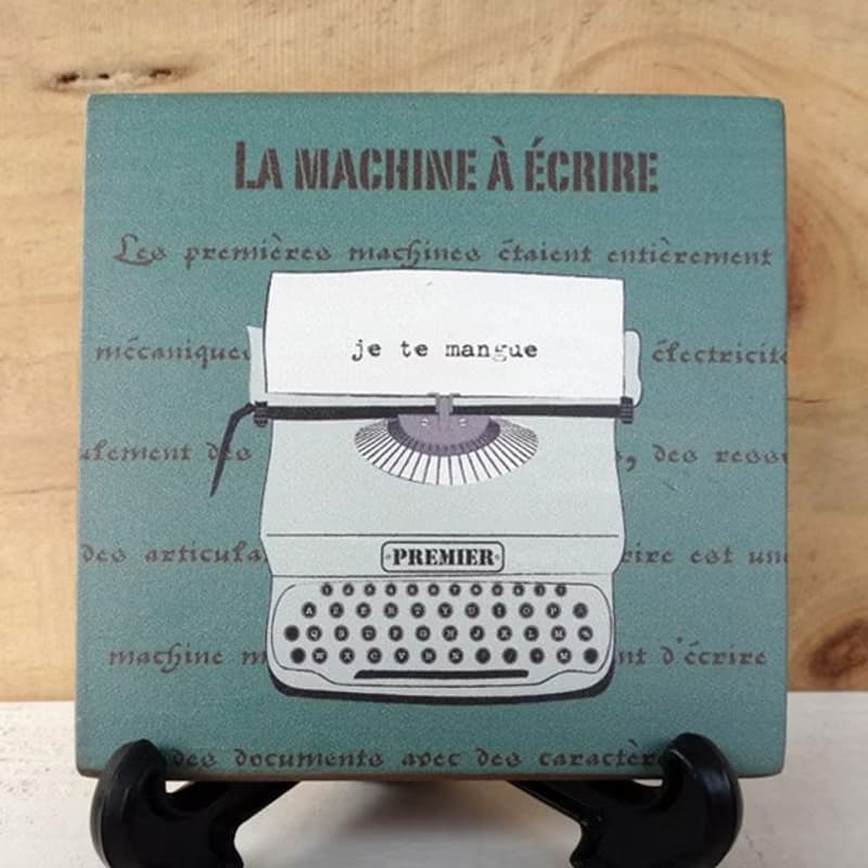 杯墊-實木-打字機-水藍