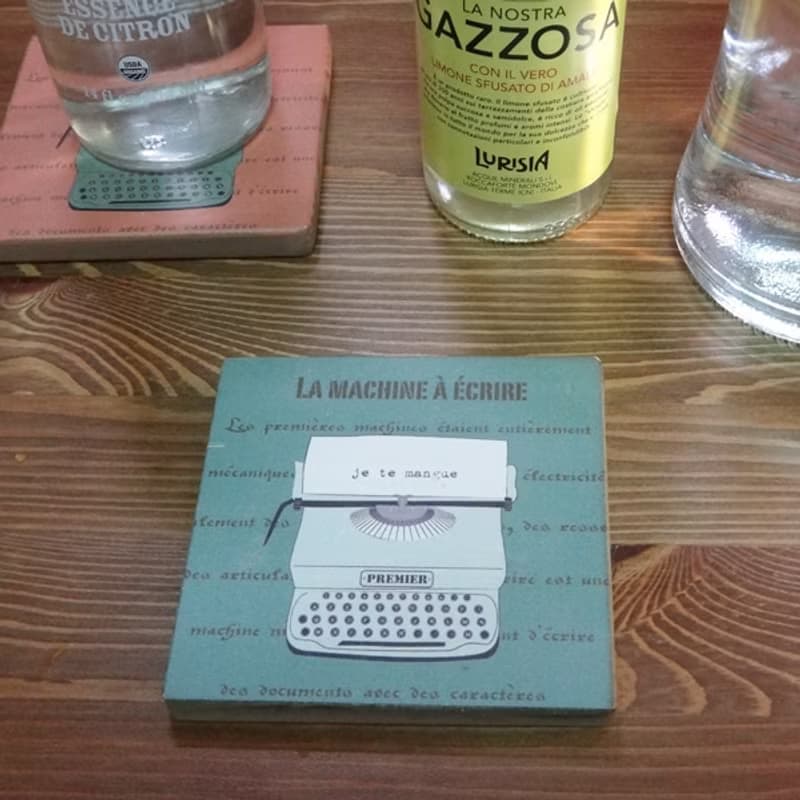 杯墊-實木-打字機-水藍