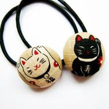 兒童髮飾 手作布包鈕釦髮束髮圈 招財貓 鬆緊帶髮圈 一組兩入