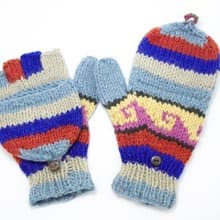 西洋情人節禮物 限量一件針織純羊毛保暖手套 / 2ways手套 / 露趾手套 / 內刷毛手套 / 針織手套 - 藍色系民族圖騰