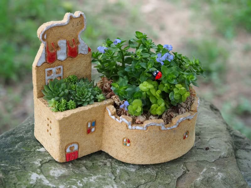 【花園小屋Garden】陶手作-超可愛貓咪花園/岩石黃色/不含植物