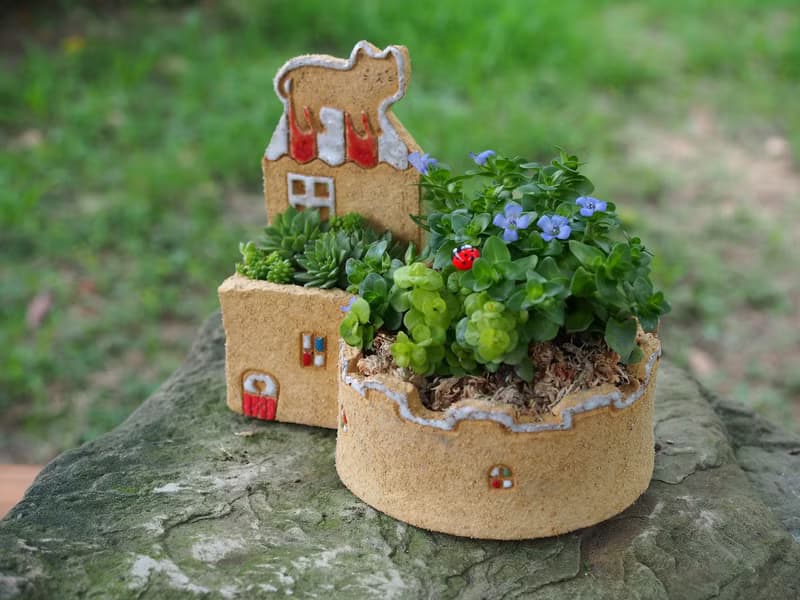 【花園小屋Garden】陶手作-超可愛貓咪花園/岩石黃色/不含植物
