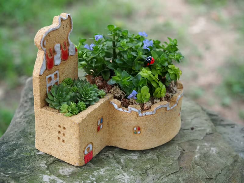 【花園小屋Garden】陶手作-超可愛貓咪花園/岩石黃色/不含植物