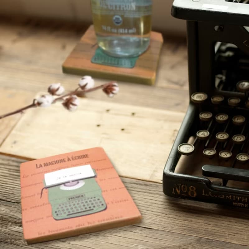 杯墊-實木-打字機-綠