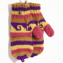 新年禮物 限量一件手織純羊毛針織手套 / 可拆卸手套 / 內刷毛手套 / 保暖手套 - 桃紅紫色童趣民族圖騰