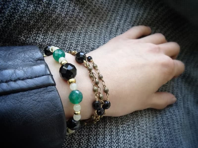 黑瑪瑙 綠瑪瑙 黃玉 黃銅派對手鍊 A 款