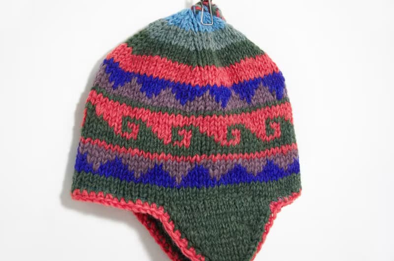 情人節 手工針織羊毛帽 / 手工內刷毛針織帽 / 飛行毛帽 / 針織毛帽 / 毛線帽 - 東歐風幾何圖案 ( 手工限量一件 )