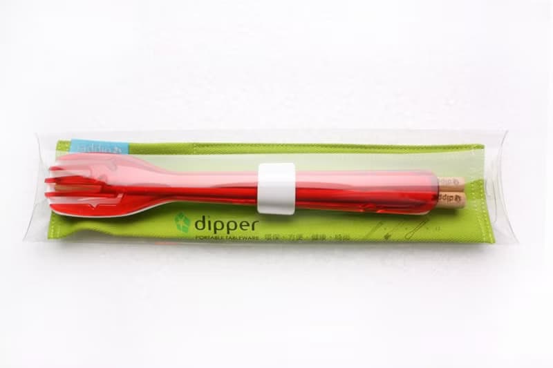dipper 3合1檜木環保餐具組-莓果紅叉