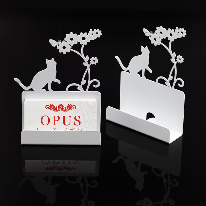 【OPUS東齊金工】歐式鐵藝名片座-貓咪(白)/金屬名片夾/生日禮物