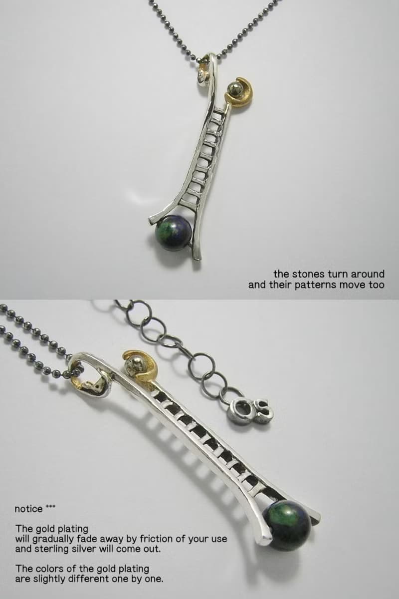moon ladder from the earth ( azurmalachite pyrite 月 階梯 銀 鍍金 藍銅礦 孔雀石 黄铁矿 項鍊 垂飾 )