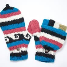 情人節 限量一件針織純羊毛保暖手套 / 2ways手套 / 露趾手套 / 內刷毛手套 / 針織手套 - 混色拼接東歐民族圖騰