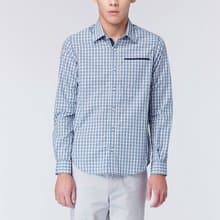 【高質感面料】提花格紋休閒長袖襯衫-藍