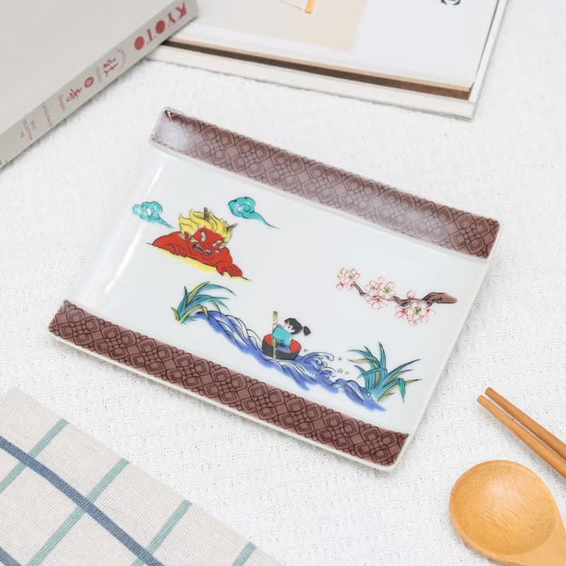 【九谷燒】青郊窯神話故事長盤-一寸法師