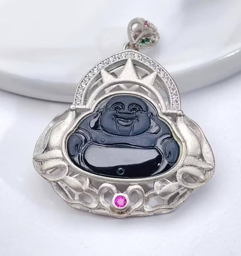 墨翠翡翠彌勒佛項鍊 925純銀 | 天然緬甸玉A貨翡翠 | 送禮 | 項鍊