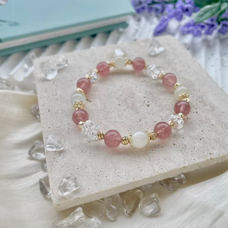 草莓晶 月光石 水晶手鍊設計款 14K包金  開運水晶手鍊 禮物