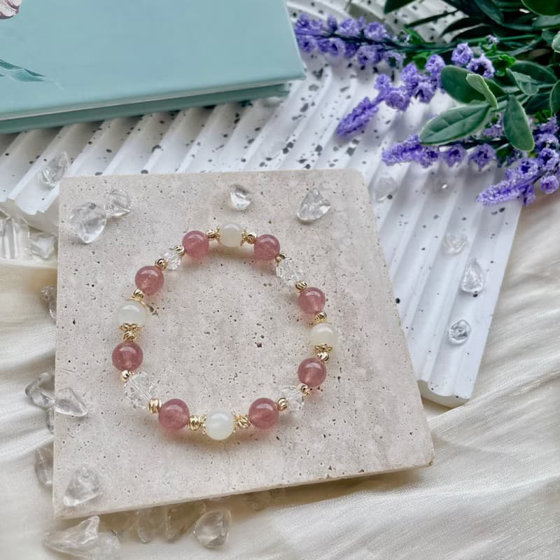 草莓晶 月光石 水晶手鍊設計款 14K包金  開運水晶手鍊 禮物