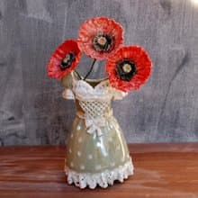 Decorative vase, Flowers figurine, Red poppy Dress figurine Ceramic sculpture
