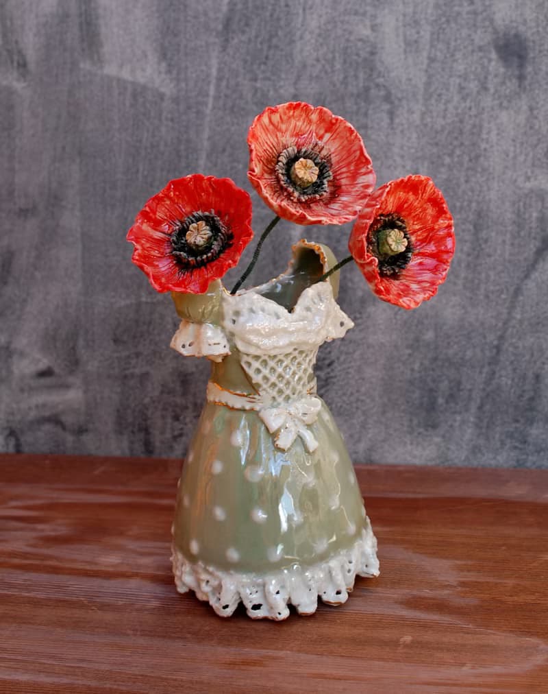 Decorative vase, Flowers figurine, Red poppy Dress figurine Ceramic sculpture