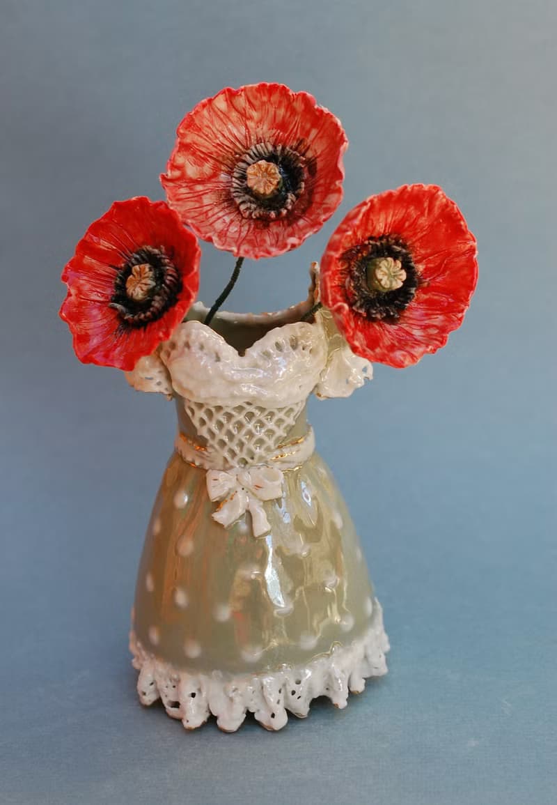 Decorative vase, Flowers figurine, Red poppy Dress figurine Ceramic sculpture