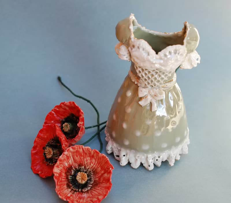 Decorative vase, Flowers figurine, Red poppy Dress figurine Ceramic sculpture