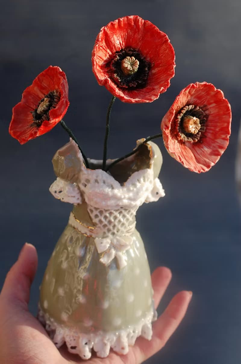 Decorative vase, Flowers figurine, Red poppy Dress figurine Ceramic sculpture
