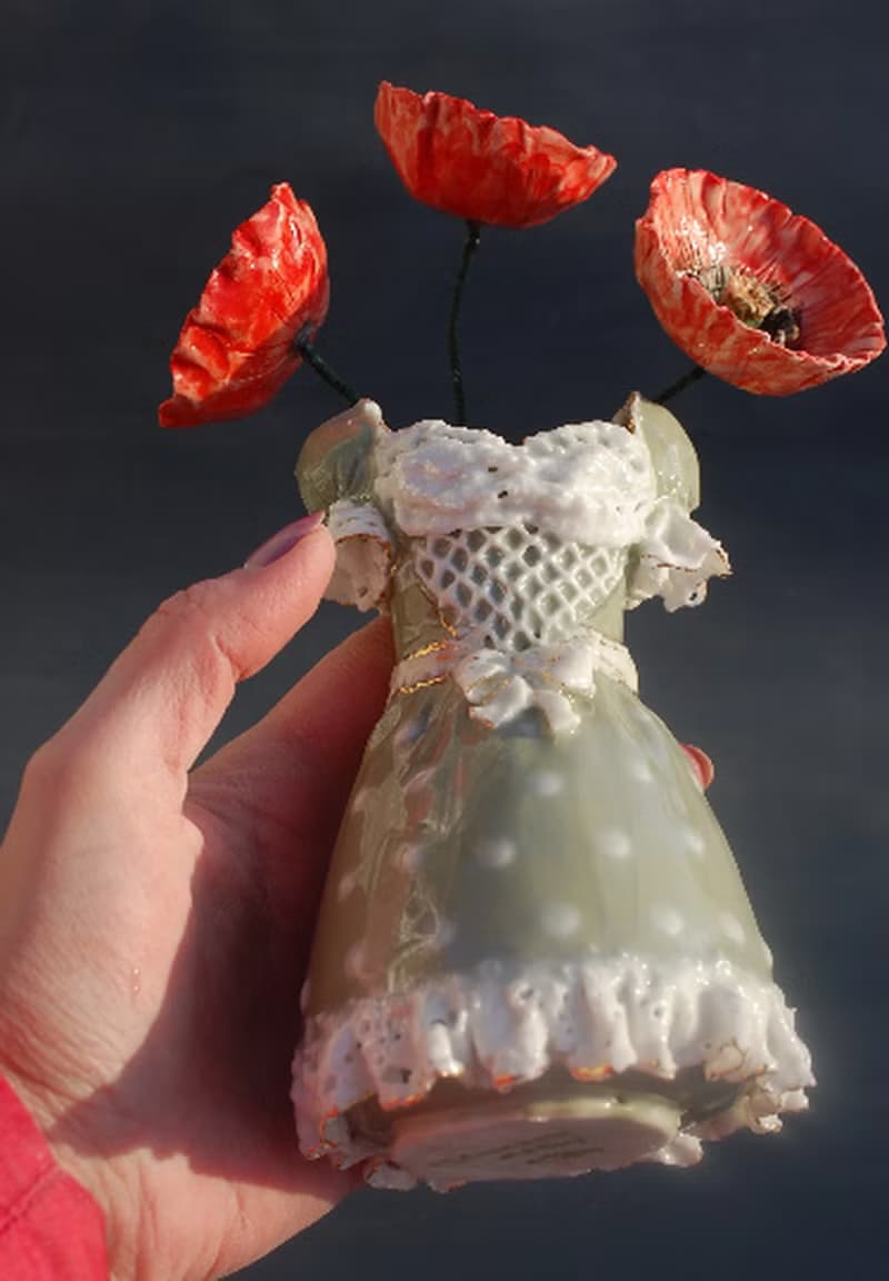 Decorative vase, Flowers figurine, Red poppy Dress figurine Ceramic sculpture
