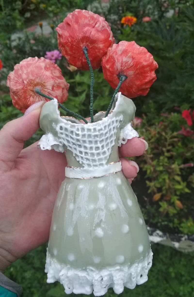 Decorative vase, Flowers figurine, Red poppy Dress figurine Ceramic sculpture