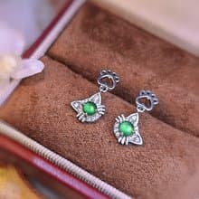 招財貓|冰玻放光陽綠|緬甸A貨翡翠純銀鍍18k精緻貓咪貓腳耳環