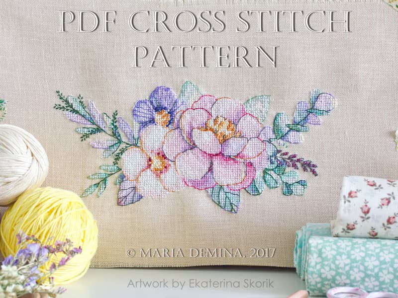 【數位】Enchanting Floral bouquet - watercolor PDF cross stitch pattern