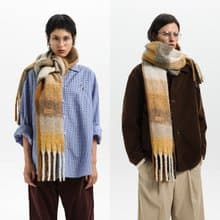 Unvesno(UN)格紋漸變仿羊絨拉毛絨感流蘇裝飾圍巾圍脖 男女同款