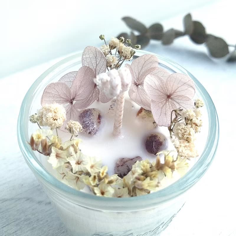 乾燥花晶石玻璃小杯蠟燭 | 杏色 彩幽靈水晶 | 天然大豆香氛蠟燭